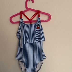 Cat & Jack Blue and White Striped Swimsuit with Cherry Patch